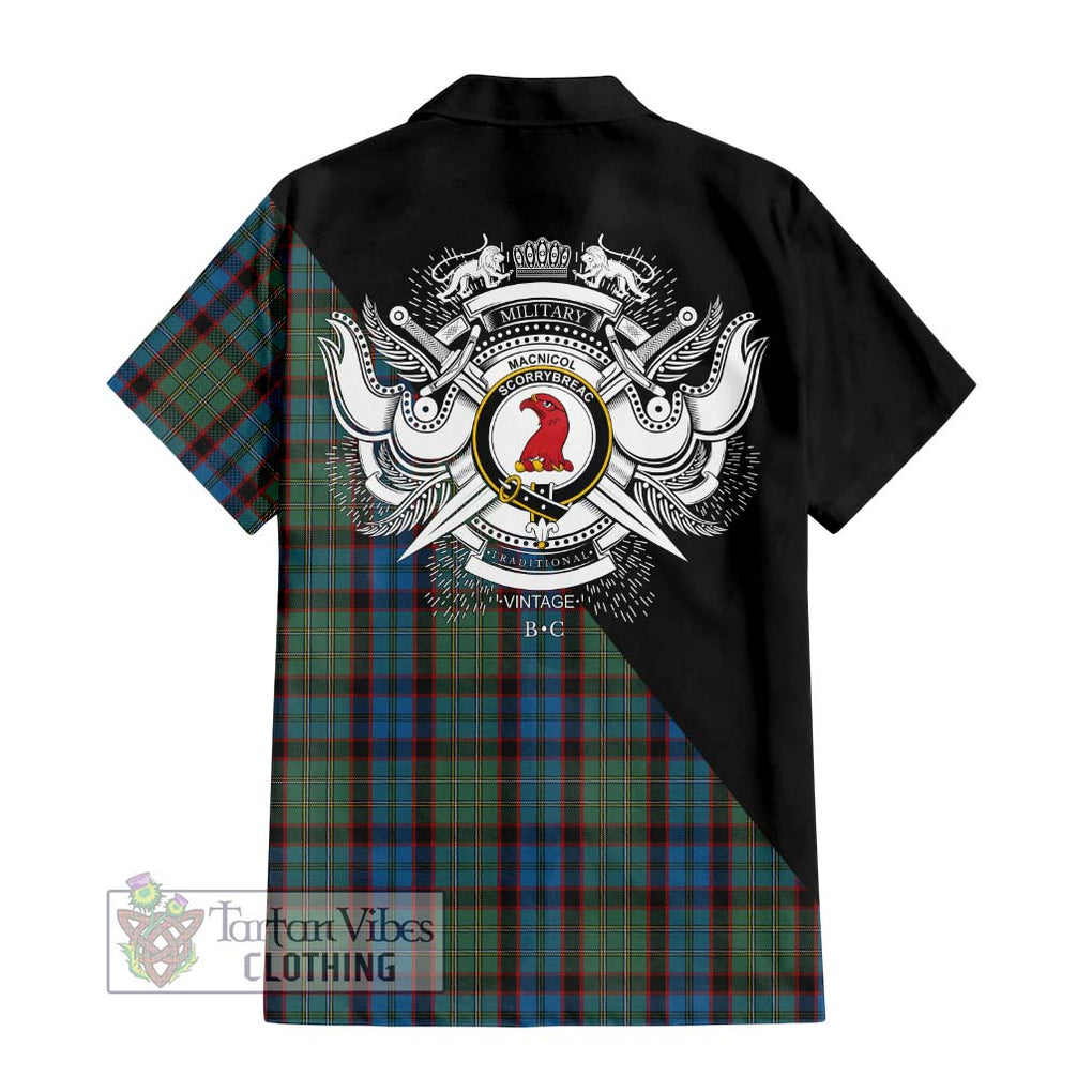 MacNicol Hunting Tartan Short Sleeve Button Shirt with Family Crest and Military Logo Style - Tartanvibesclothing Shop