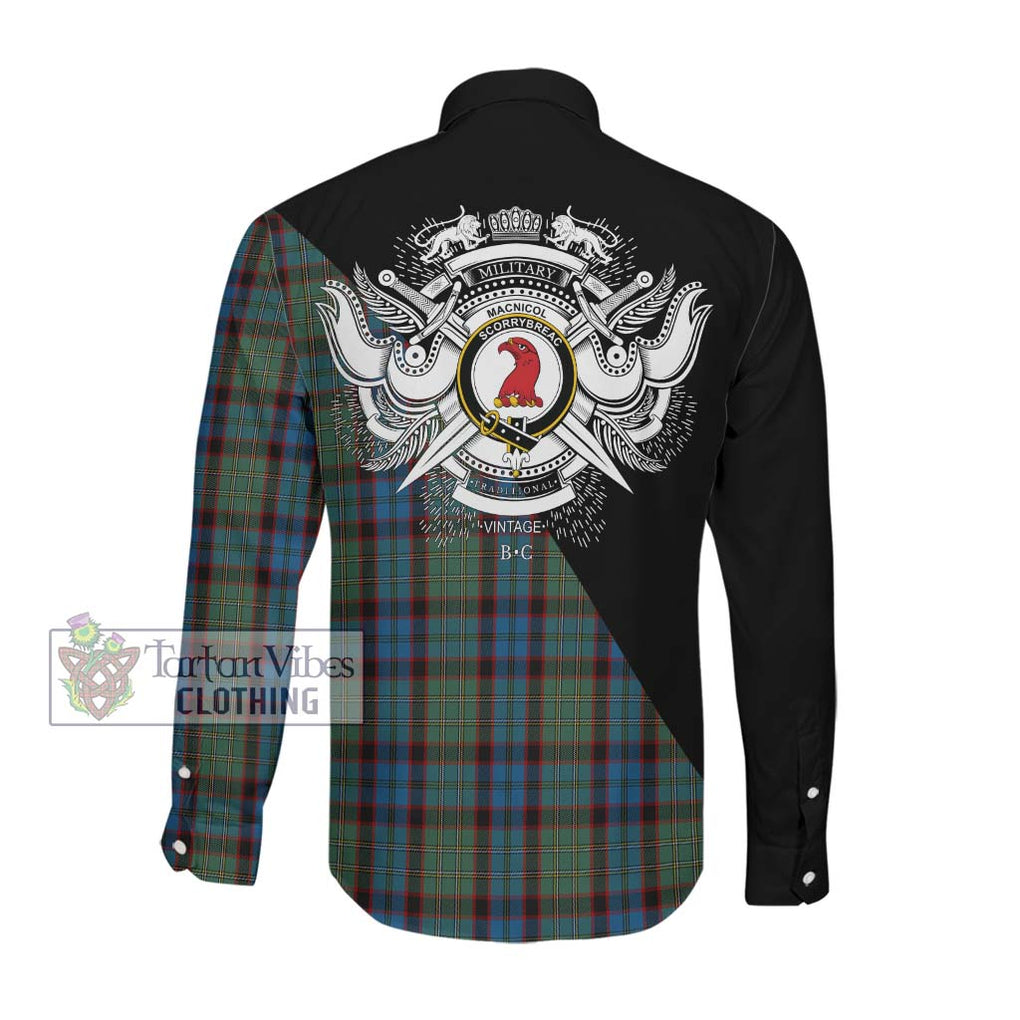 MacNicol Hunting Tartan Long Sleeve Button Shirt with Family Crest and Military Logo Style Men's Shirt - Tartanvibesclothing Shop