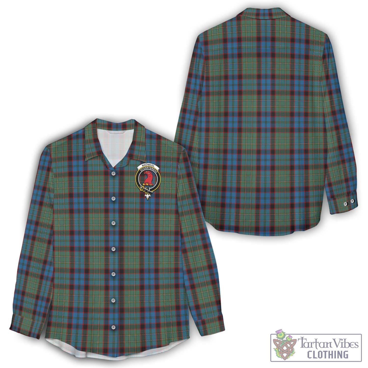 Tartan Vibes Clothing MacNicol Hunting Tartan Womens Casual Shirt with Family Crest