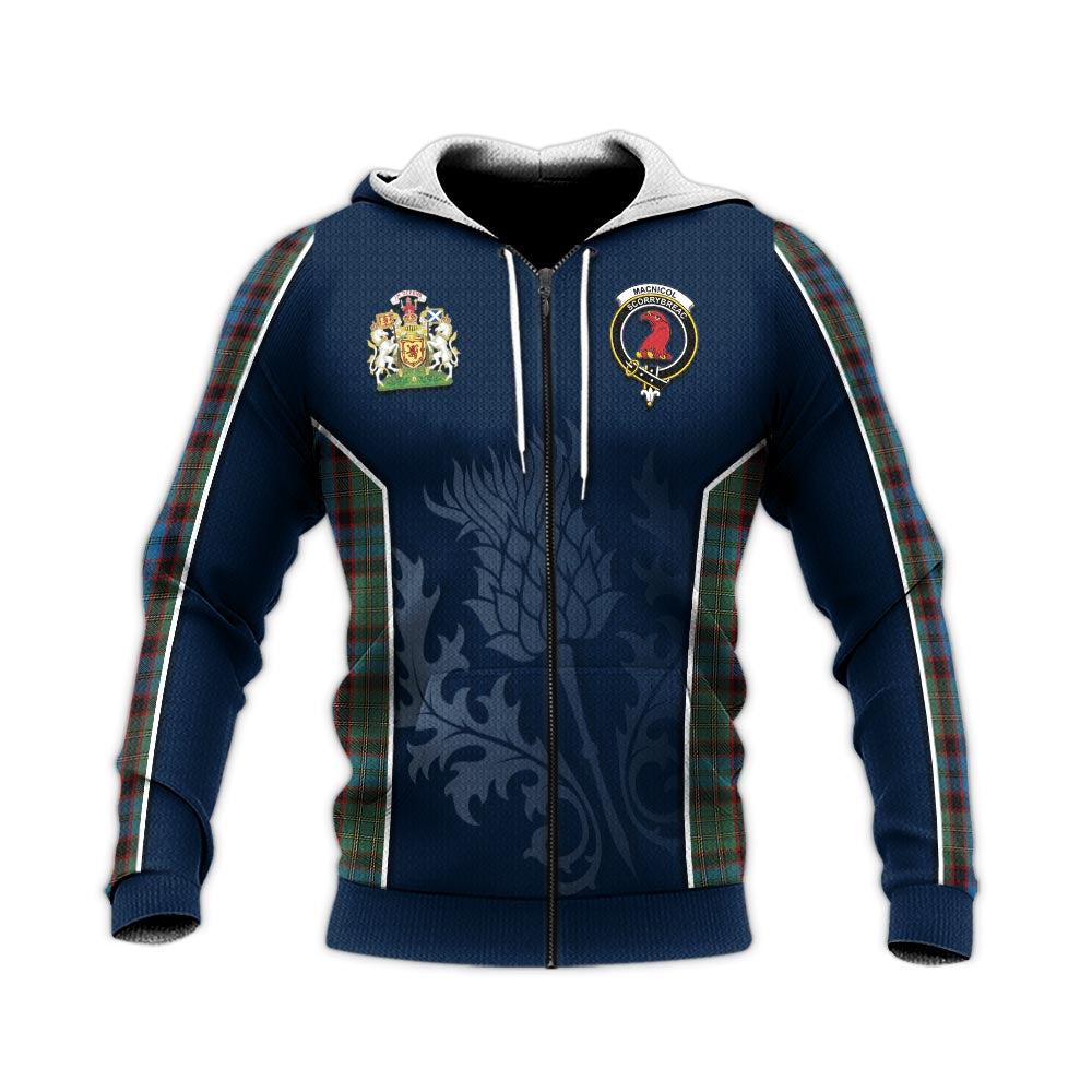 Tartan Vibes Clothing MacNicol Hunting Tartan Knitted Hoodie with Family Crest and Scottish Thistle Vibes Sport Style