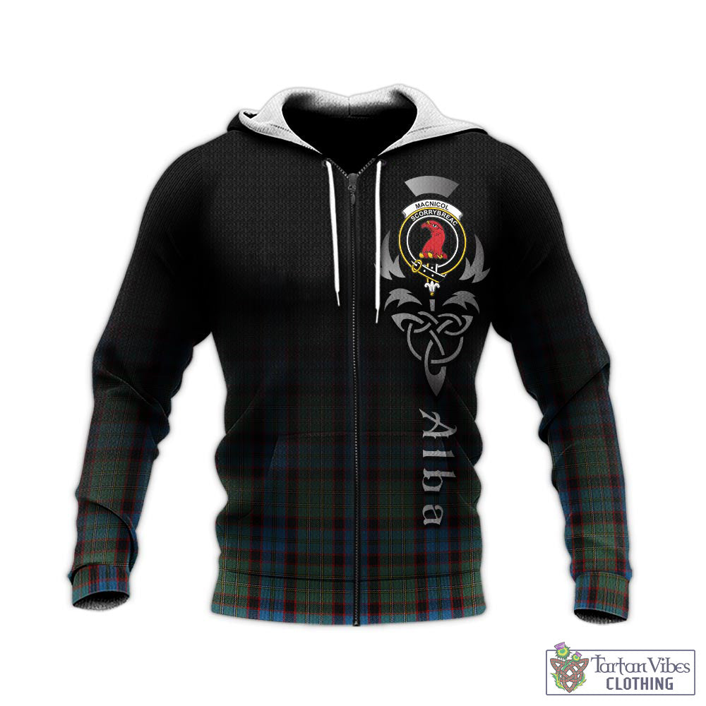 Tartan Vibes Clothing MacNicol Hunting Tartan Knitted Hoodie Featuring Alba Gu Brath Family Crest Celtic Inspired