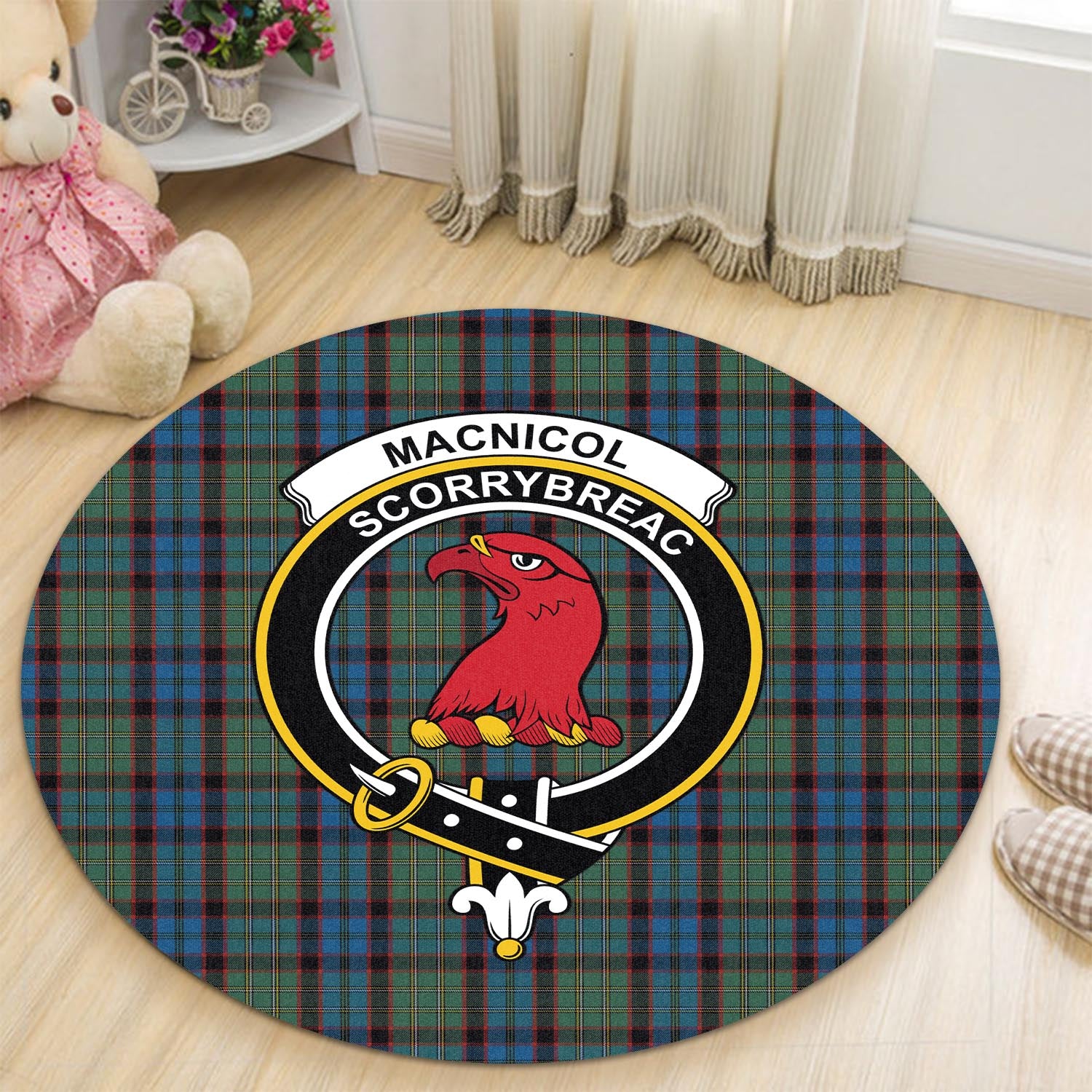 macnicol-hunting-tartan-round-rug-with-family-crest