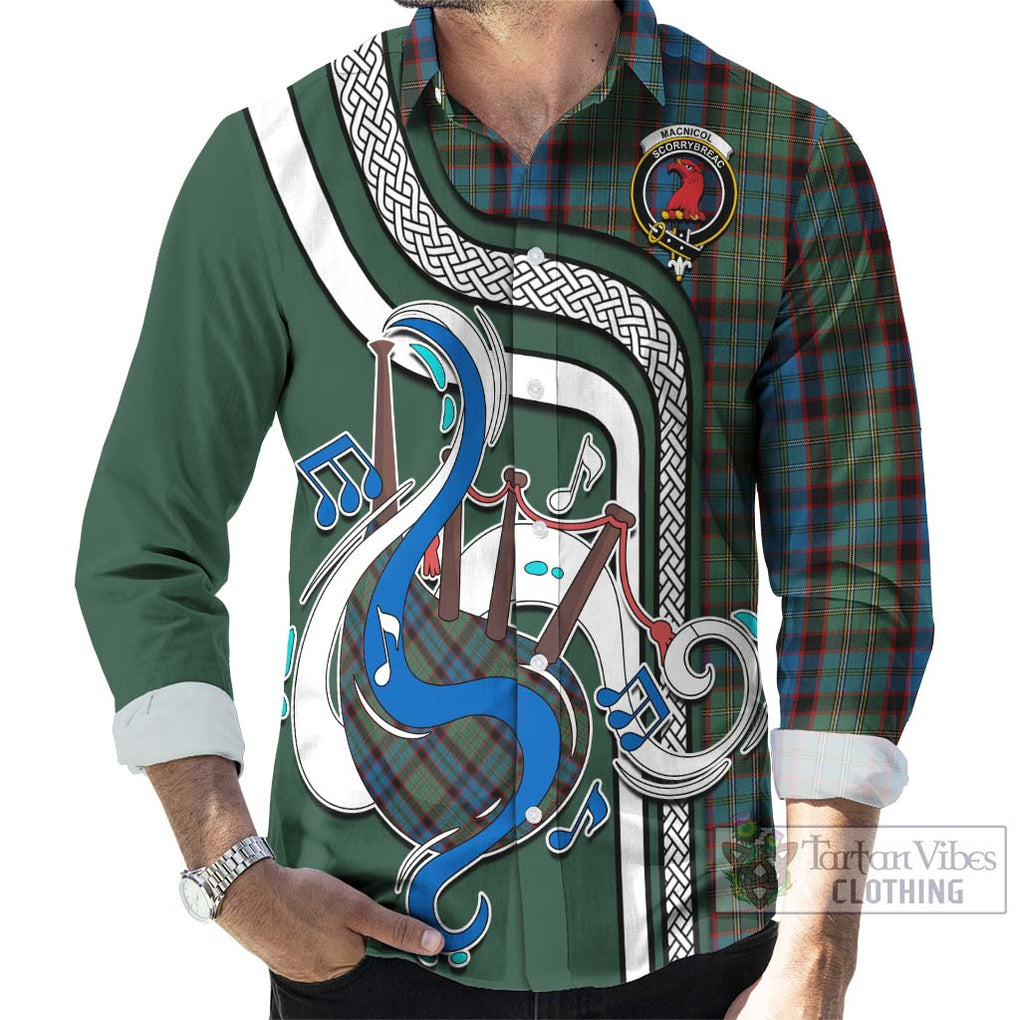 MacNicol Hunting Tartan Long Sleeve Button Shirt with Epic Bagpipe Style - Tartanvibesclothing Shop