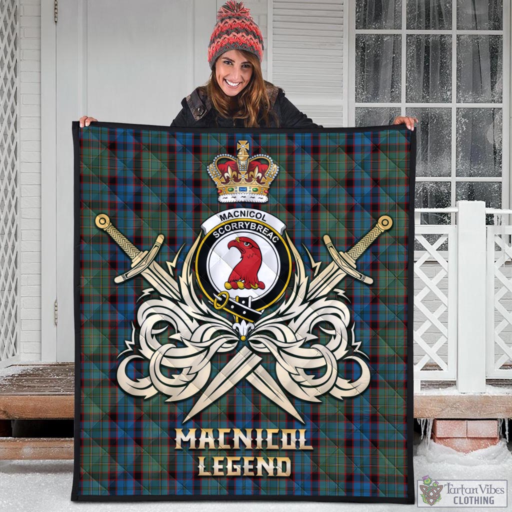 Tartan Vibes Clothing MacNicol Hunting Tartan Quilt with Clan Crest and the Golden Sword of Courageous Legacy