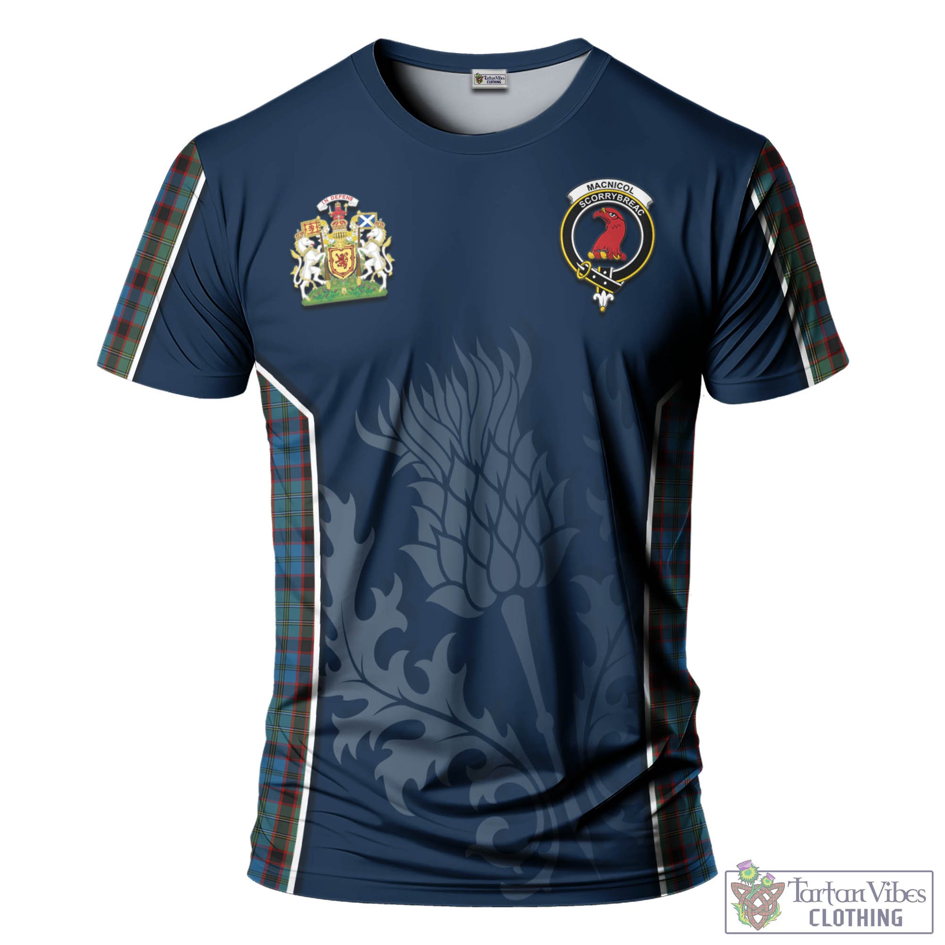 Tartan Vibes Clothing MacNicol Hunting Tartan T-Shirt with Family Crest and Scottish Thistle Vibes Sport Style