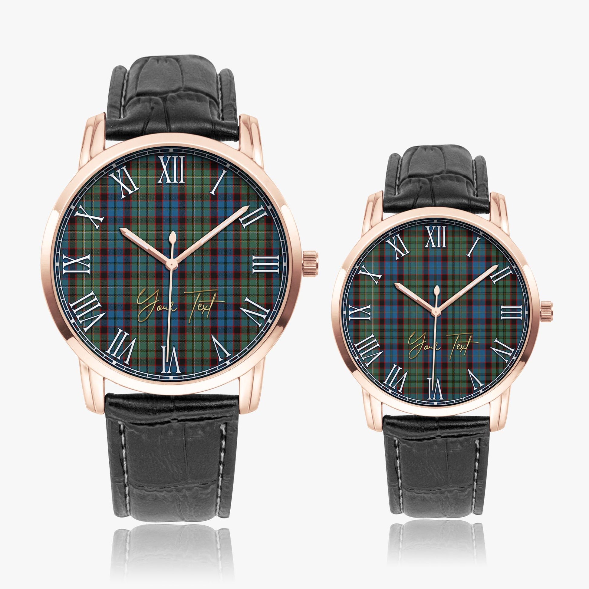 MacNicol Hunting Tartan Personalized Your Text Leather Trap Quartz Watch Wide Type Rose Gold Case With Black Leather Strap - Tartanvibesclothing