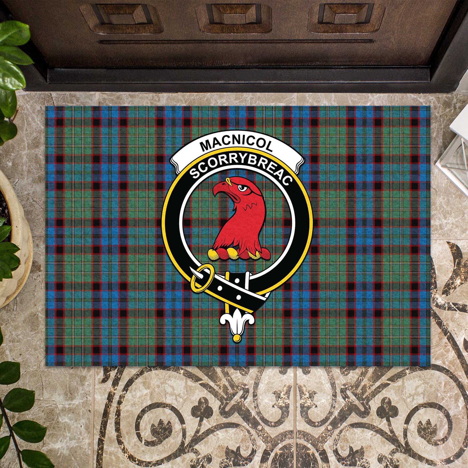 MacNicol Hunting Tartan Door Mat with Family Crest - Tartanvibesclothing