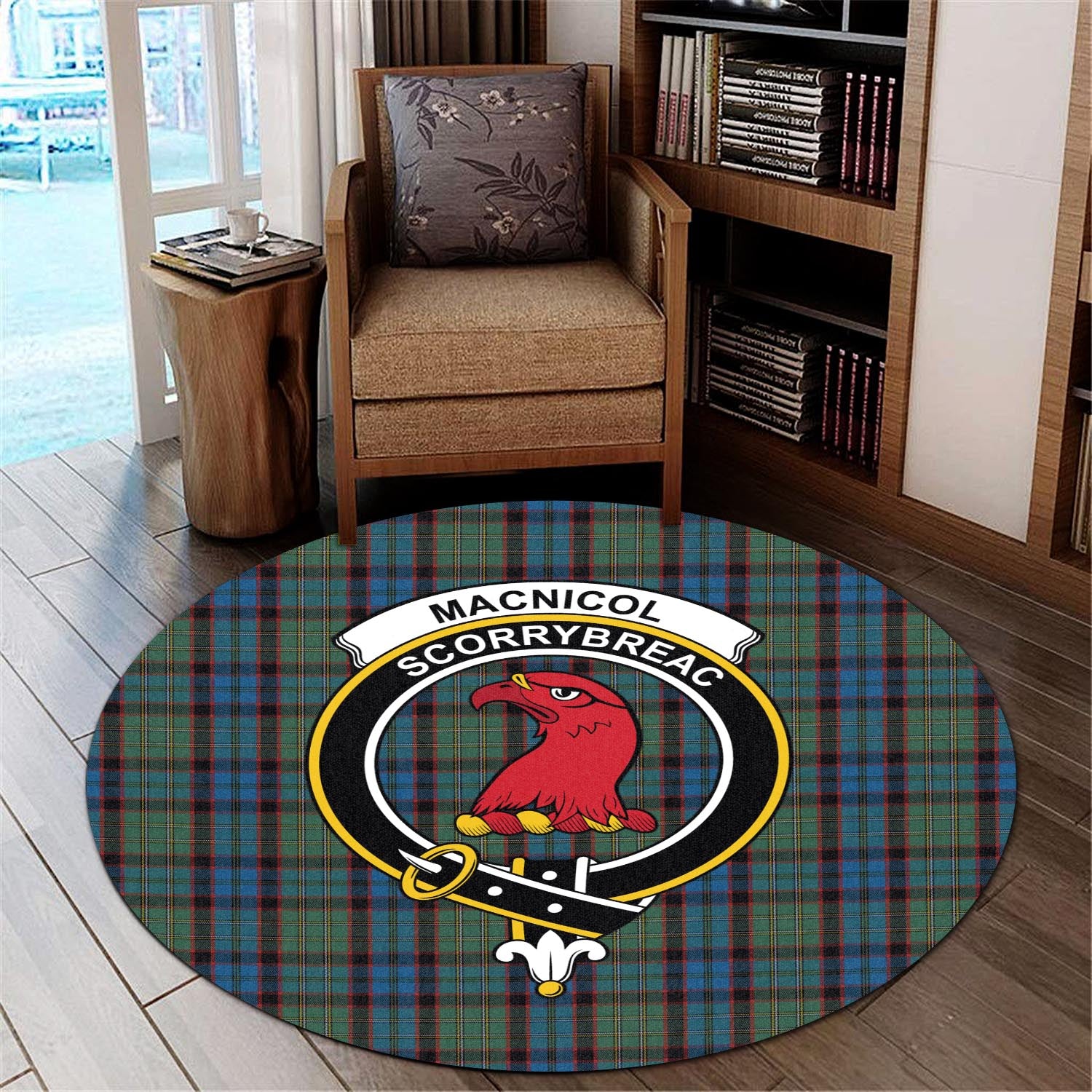 macnicol-hunting-tartan-round-rug-with-family-crest