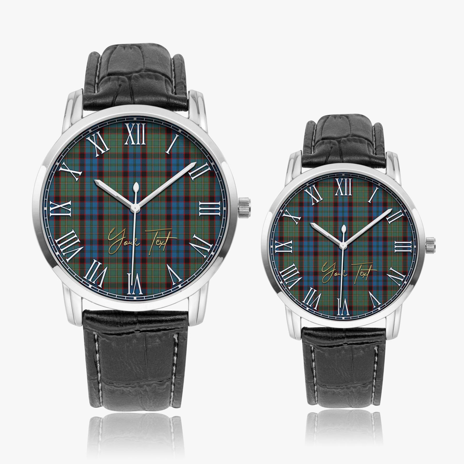 MacNicol Hunting Tartan Personalized Your Text Leather Trap Quartz Watch Wide Type Silver Case With Black Leather Strap - Tartanvibesclothing