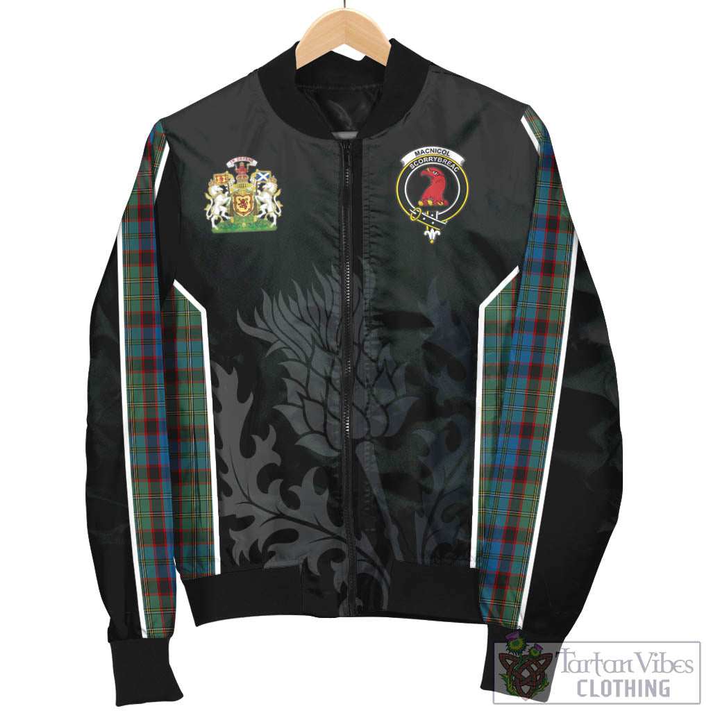 Tartan Vibes Clothing MacNicol Hunting Tartan Bomber Jacket with Family Crest and Scottish Thistle Vibes Sport Style