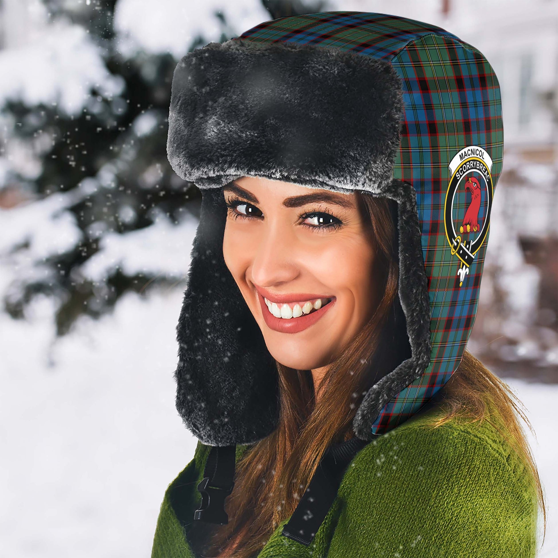 MacNicol Hunting Tartan Winter Trapper Hat with Family Crest - Tartanvibesclothing