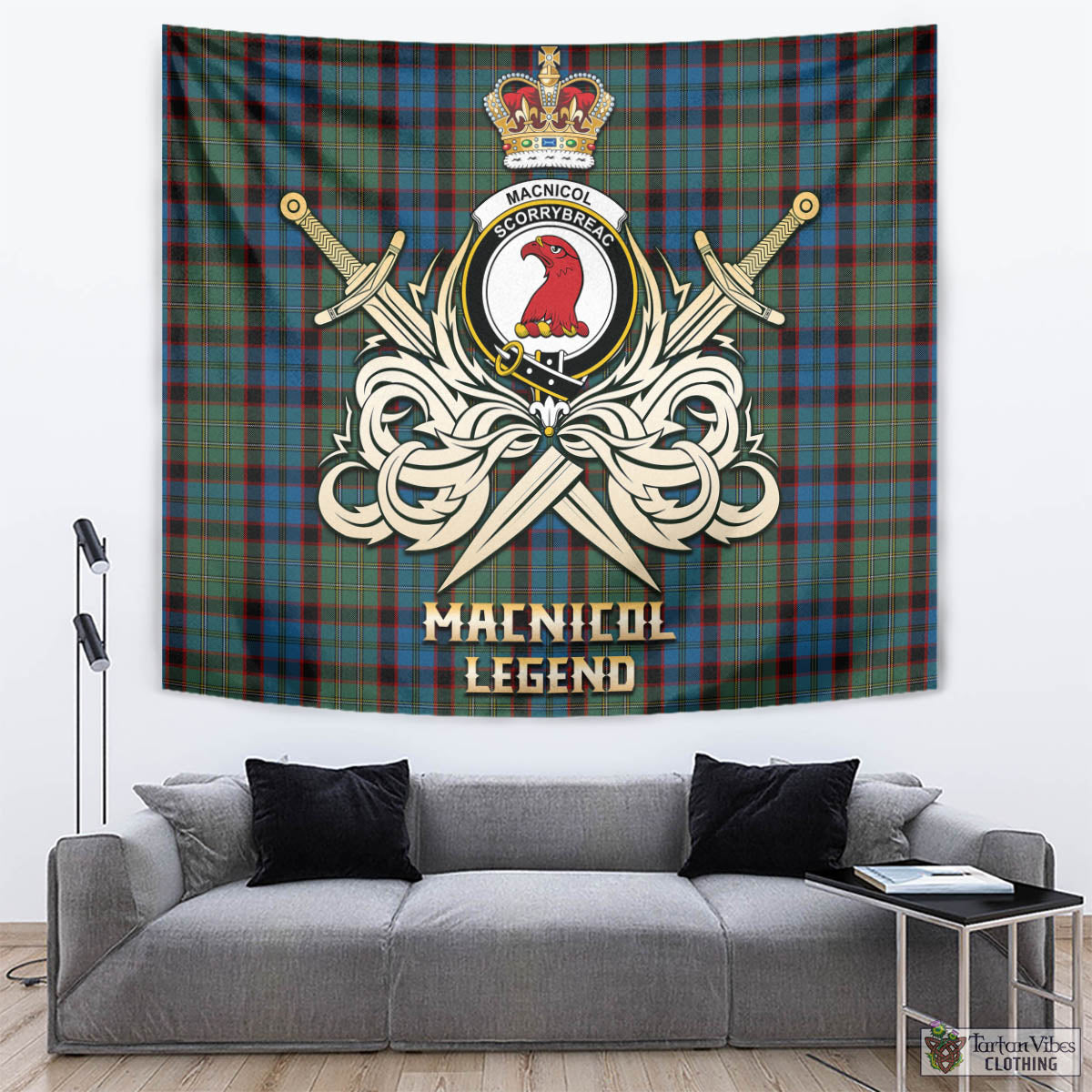 Tartan Vibes Clothing MacNicol Hunting Tartan Tapestry with Clan Crest and the Golden Sword of Courageous Legacy