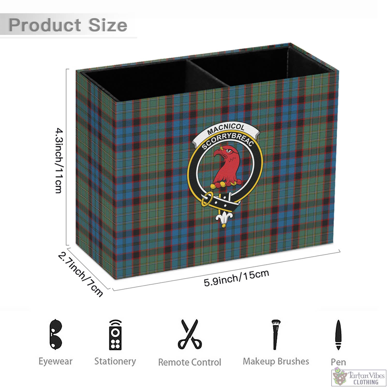 Tartan Vibes Clothing MacNicol Hunting Tartan Pen Holder with Family Crest