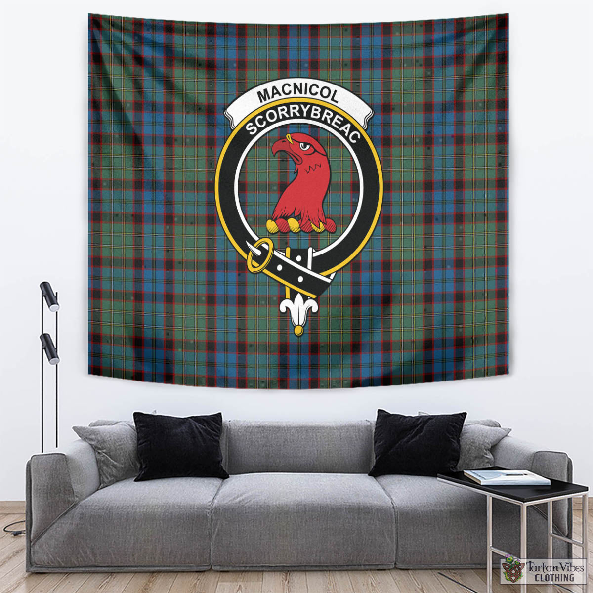 Tartan Vibes Clothing MacNicol Hunting Tartan Tapestry Wall Hanging and Home Decor for Room with Family Crest