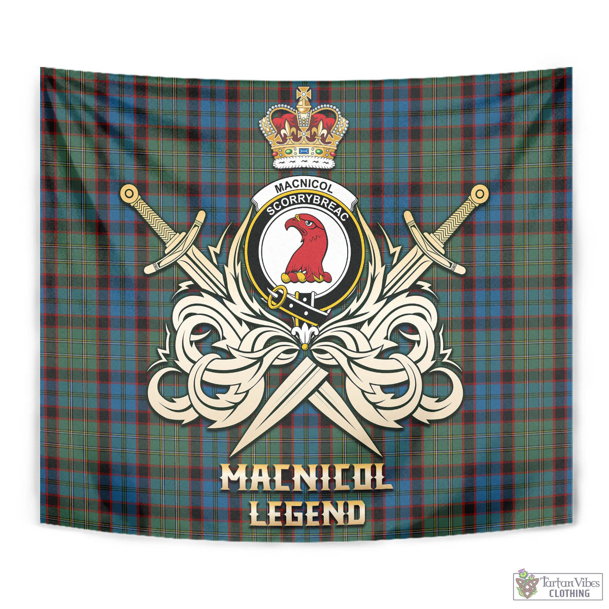 Tartan Vibes Clothing MacNicol Hunting Tartan Tapestry with Clan Crest and the Golden Sword of Courageous Legacy