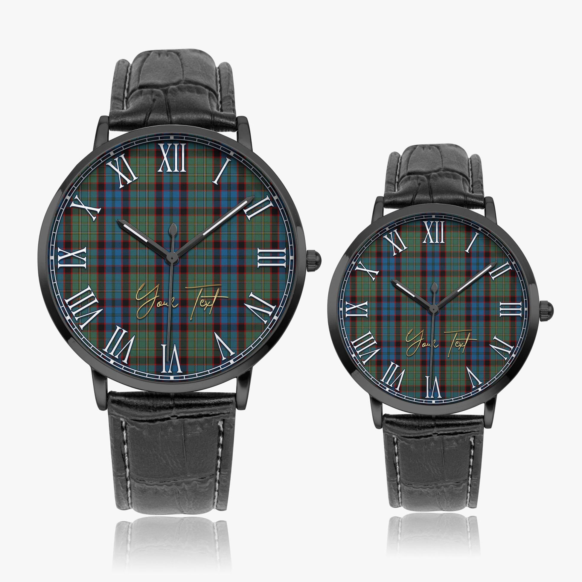 MacNicol Hunting Tartan Personalized Your Text Leather Trap Quartz Watch Ultra Thin Black Case With Black Leather Strap - Tartanvibesclothing