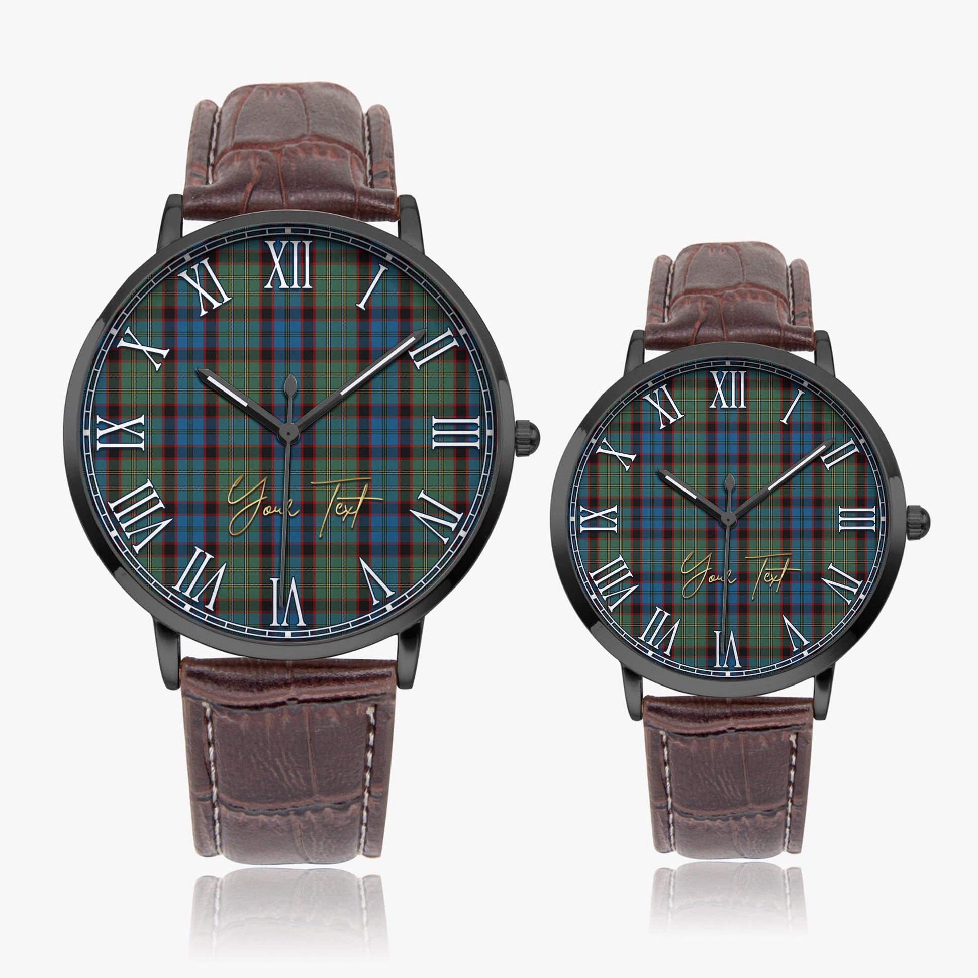 MacNicol Hunting Tartan Personalized Your Text Leather Trap Quartz Watch Ultra Thin Black Case With Brown Leather Strap - Tartanvibesclothing