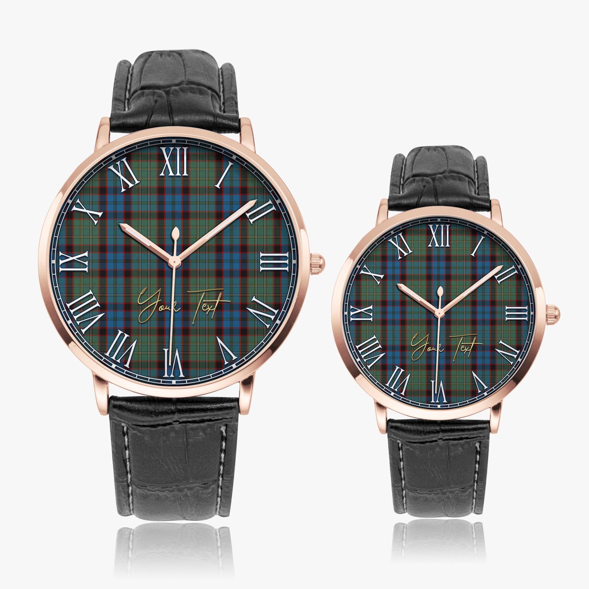 MacNicol Hunting Tartan Personalized Your Text Leather Trap Quartz Watch Ultra Thin Rose Gold Case With Black Leather Strap - Tartanvibesclothing