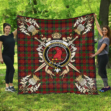 MacNicol (McNicol) Tartan Quilt with Family Crest and Golden Thistle Crossed Sword Design