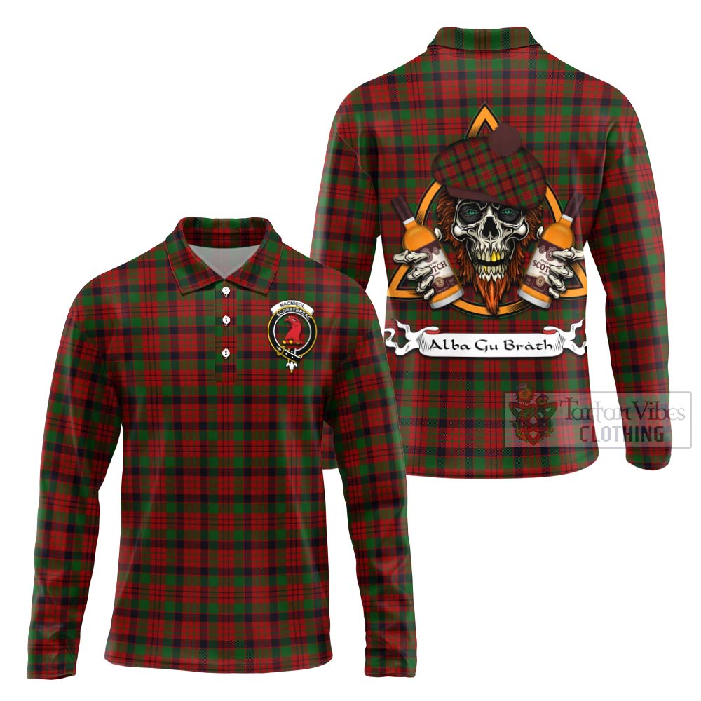 Tartan Vibes Clothing MacNicol (McNicol) Tartan Long Sleeve Polo Shirt with Family Crest and Bearded Skull Holding Bottles of Whiskey