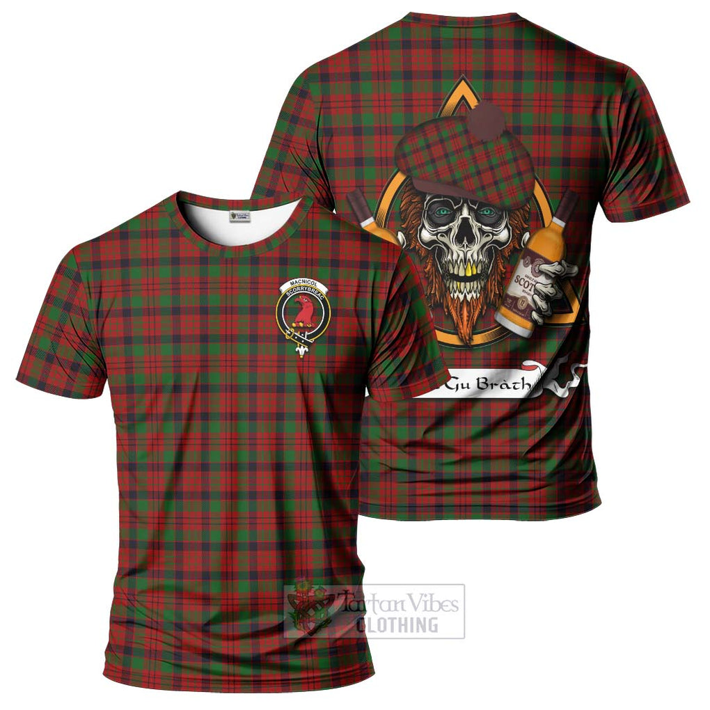 Tartan Vibes Clothing MacNicol (McNicol) Tartan T-Shirt with Family Crest and Bearded Skull Holding Bottles of Whiskey