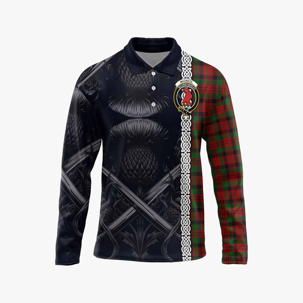 Tartan Vibes Clothing MacNicol (McNicol) Tartan Long Sleeve Polo Shirt with Family Crest Cross Sword Thistle Celtic Vibes