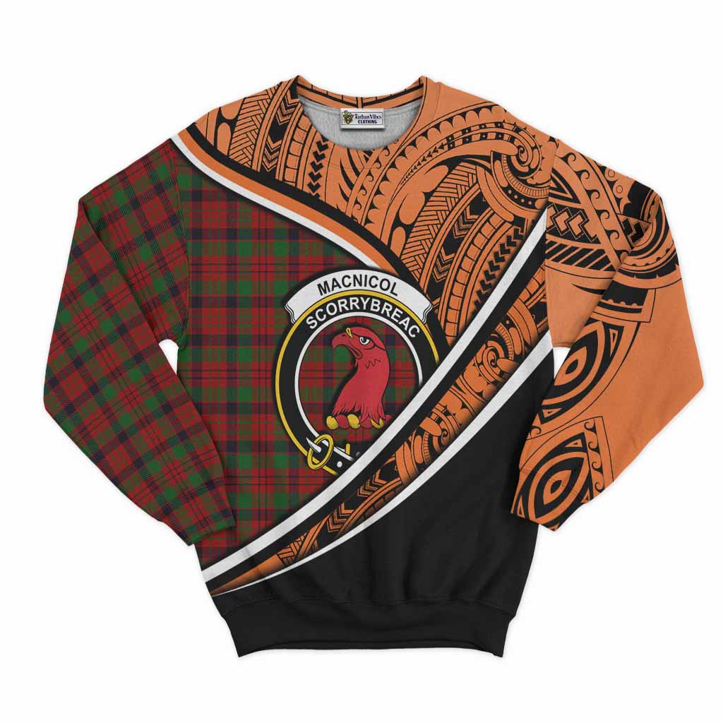 Tartan Vibes Clothing MacNicol (McNicol) Crest Tartan Sweatshirt with Maori Tattoo Style - Orange Version