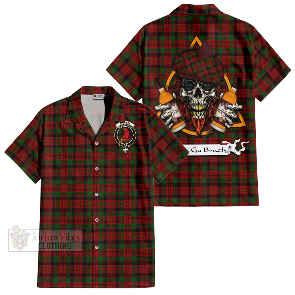 Tartan Vibes Clothing MacNicol (McNicol) Tartan Short Sleeve Button Shirt with Family Crest and Bearded Skull Holding Bottles of Whiskey