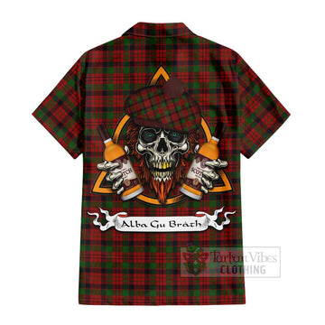 MacNicol (McNicol) Tartan Short Sleeve Button Shirt with Family Crest and Bearded Skull Holding Bottles of Whiskey