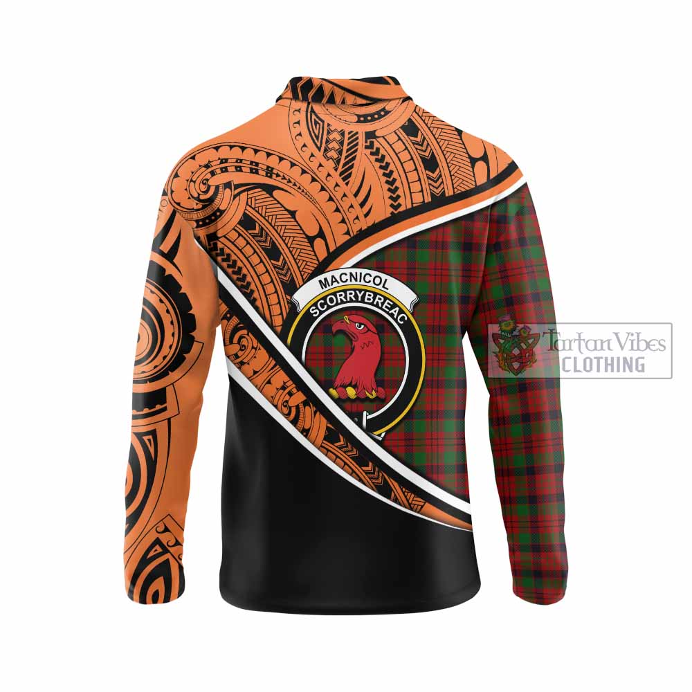 Tartan Vibes Clothing MacNicol (McNicol) Crest Tartan Long Sleeve Polo Shirt with Maori Tattoo Style - Orange Version