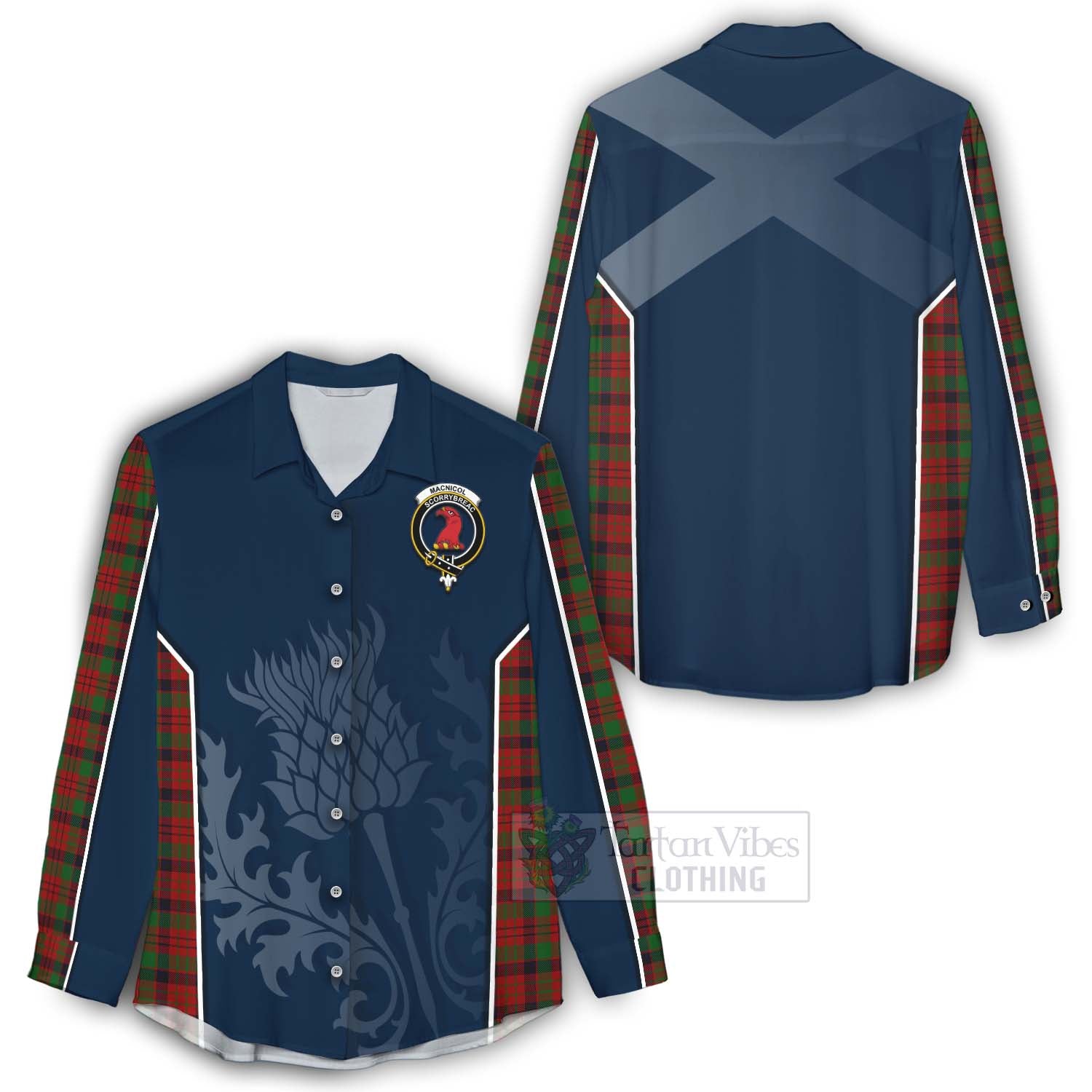 Tartan Vibes Clothing MacNicol (McNicol) Tartan Women's Casual Shirt with Family Crest and Scottish Thistle Vibes Sport Style