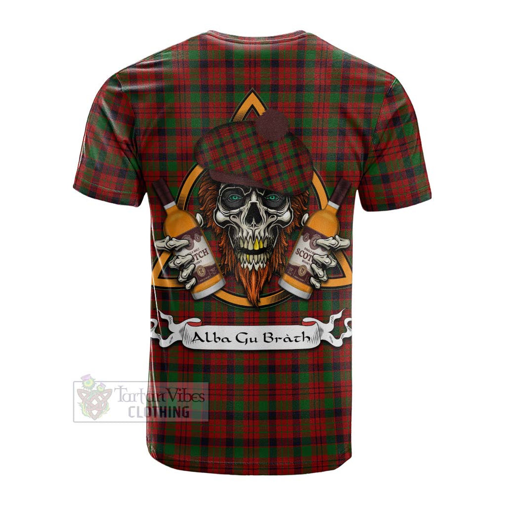 Tartan Vibes Clothing MacNicol (McNicol) Tartan Cotton T-shirt with Family Crest and Bearded Skull Holding Bottles of Whiskey