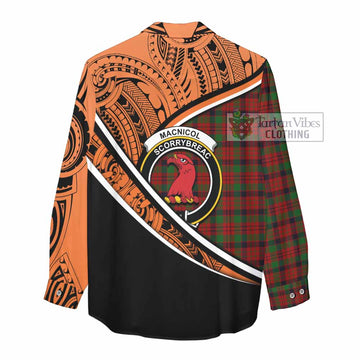 MacNicol (McNicol) Crest Tartan Women's Casual Shirt with Polynesian Vibes Style - Orange Version