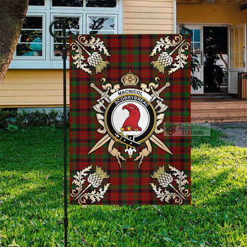 MacNicol (McNicol) Tartan Flag with Family Crest and Golden Thistle Crossed Sword Design