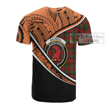 MacNicol (McNicol) Crest Tartan Cotton T-shirt with Polynesian Vibes Style - Orange Version