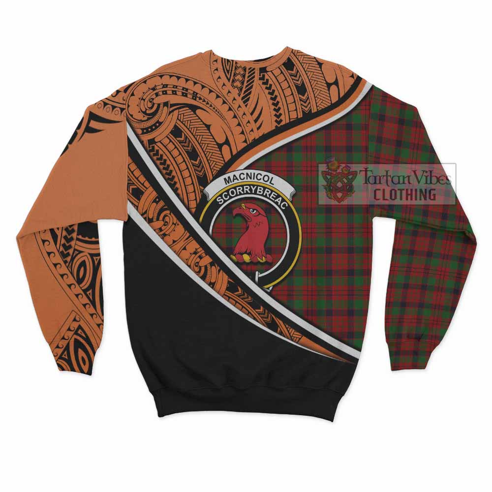 Tartan Vibes Clothing MacNicol (McNicol) Crest Tartan Sweatshirt with Maori Tattoo Style - Orange Version