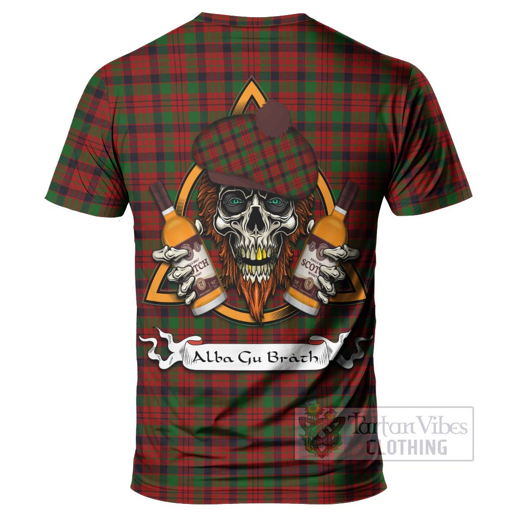 Tartan Vibes Clothing MacNicol (McNicol) Tartan T-Shirt with Family Crest and Bearded Skull Holding Bottles of Whiskey