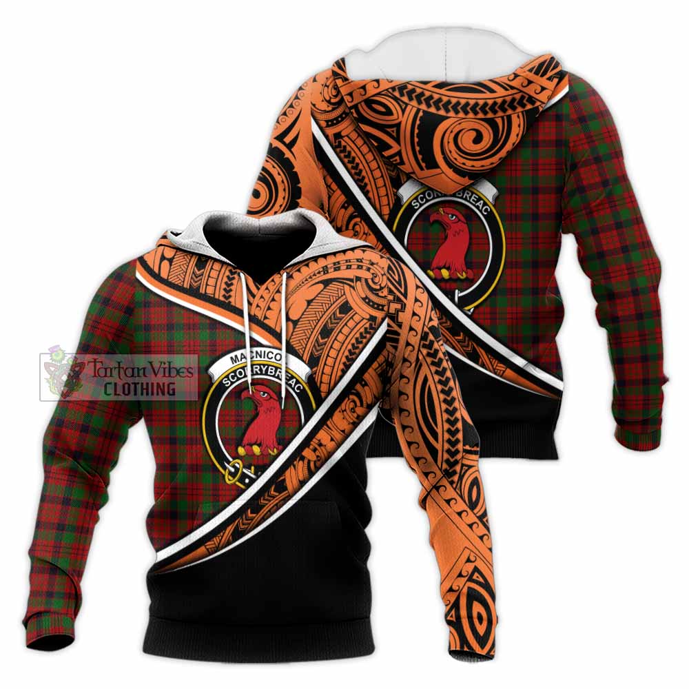 Tartan Vibes Clothing MacNicol (McNicol) Crest Tartan Knitted Hoodie with Maori Tattoo Style - Orange Version