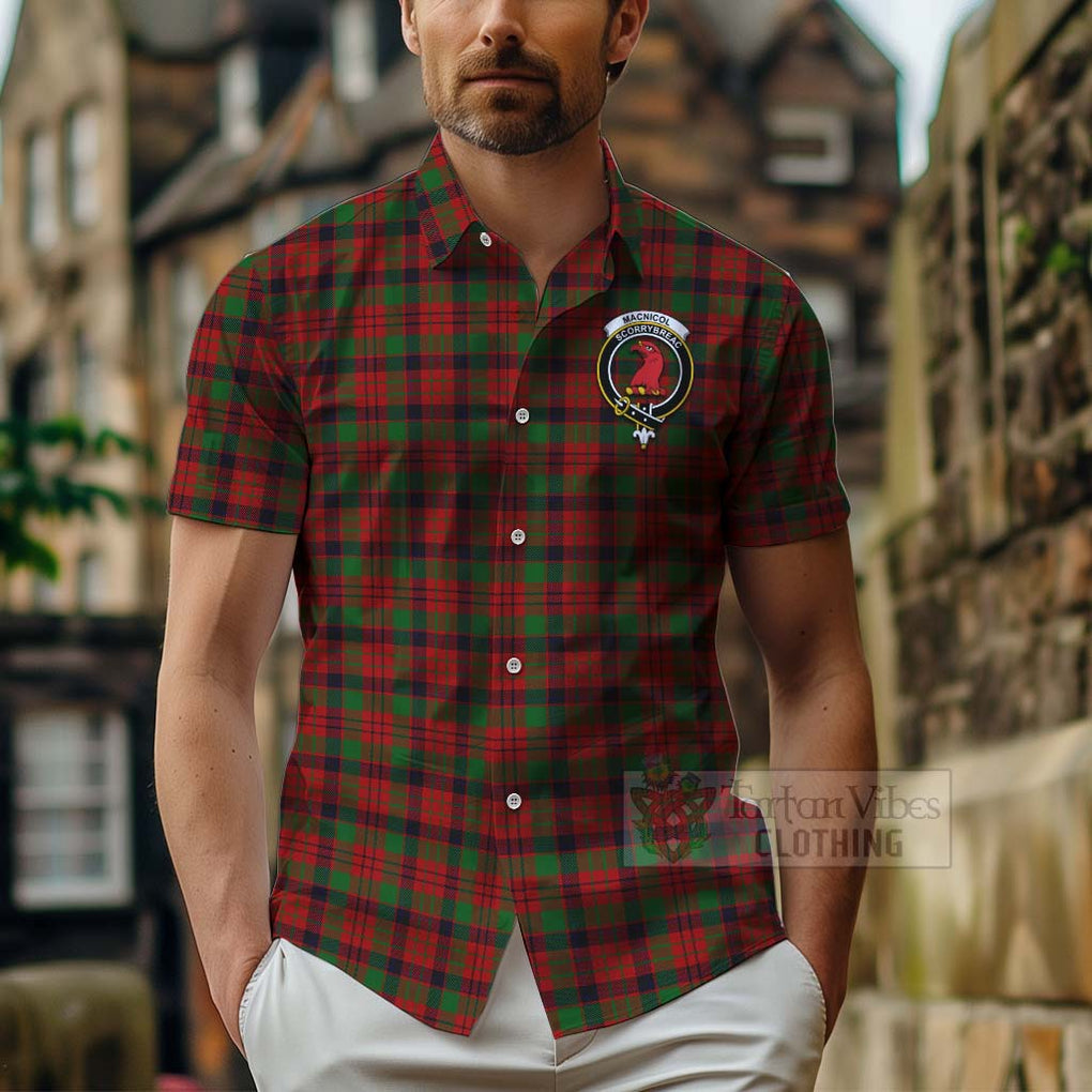 Tartan Vibes Clothing MacNicol (McNicol) Tartan Short Sleeve Button Shirt with Family Crest Celtic Skull Style