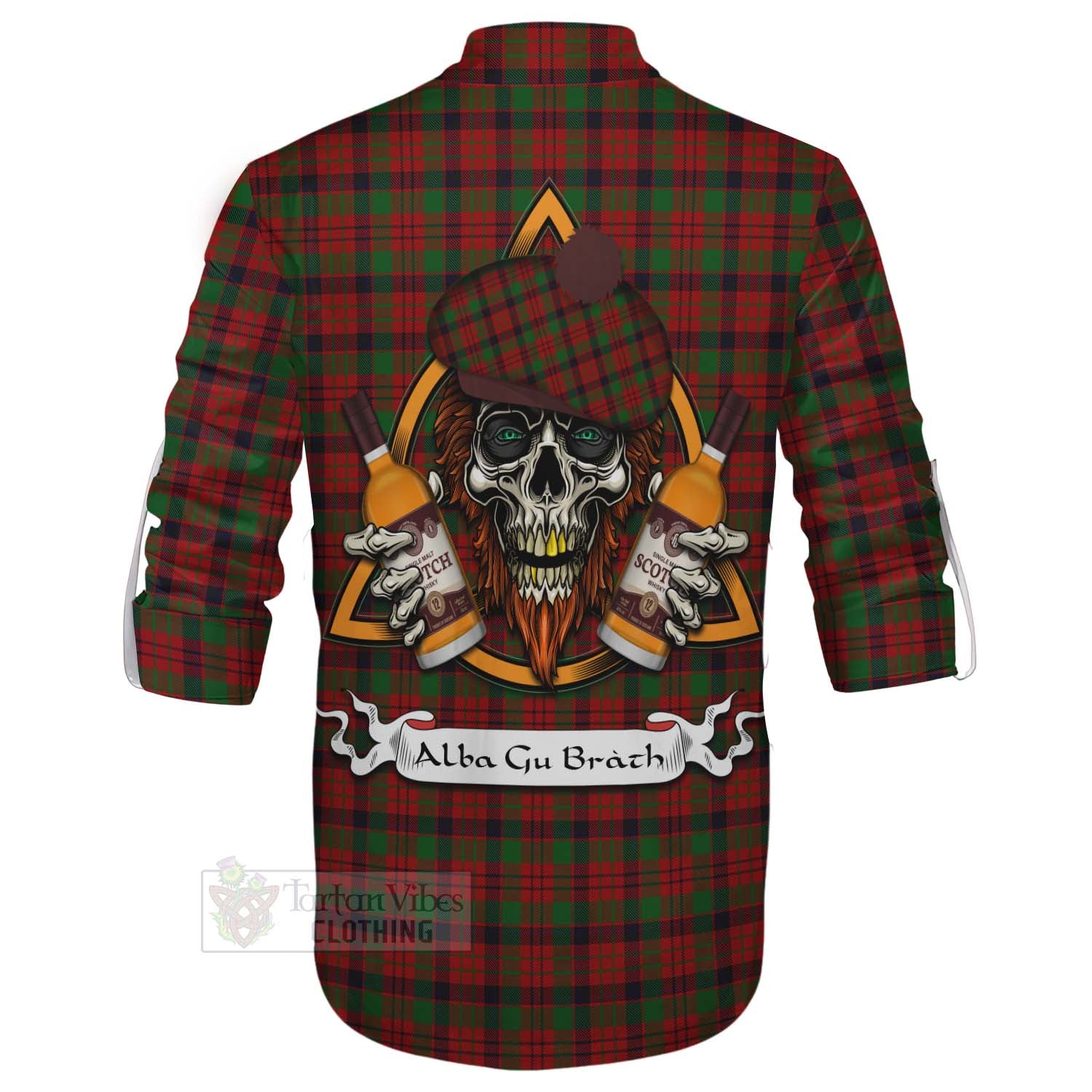 Tartan Vibes Clothing MacNicol (McNicol) Tartan Ghillie Kilt Shirt with Family Crest and Bearded Skull Holding Bottles of Whiskey