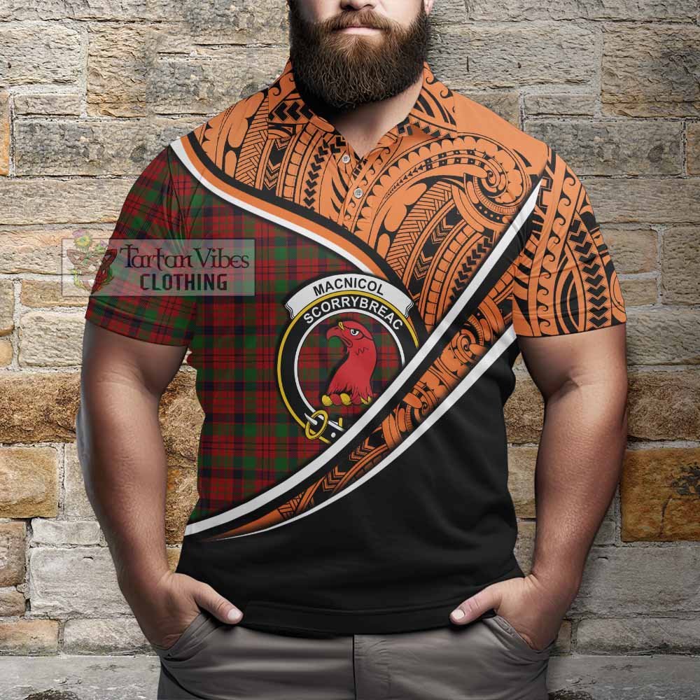 Tartan Vibes Clothing MacNicol (McNicol) Crest Tartan Polo Shirt with Maori Tattoo Style - Orange Version