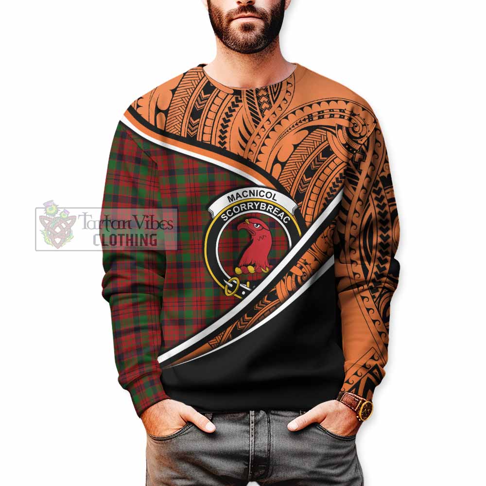 Tartan Vibes Clothing MacNicol (McNicol) Crest Tartan Sweatshirt with Maori Tattoo Style - Orange Version