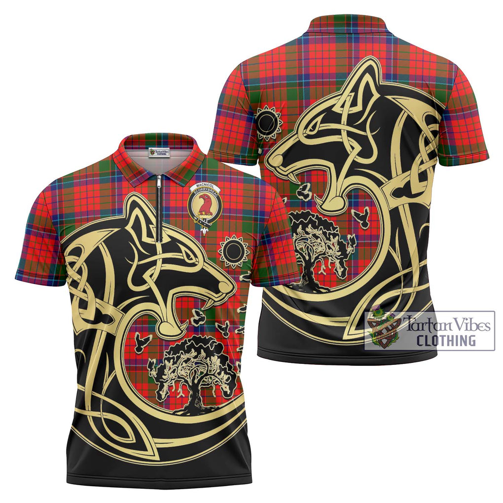 MacNicol of Scorrybreac Tartan Zipper Polo Shirt with Family Crest Celtic Wolf Style Unisex - Tartanvibesclothing Shop