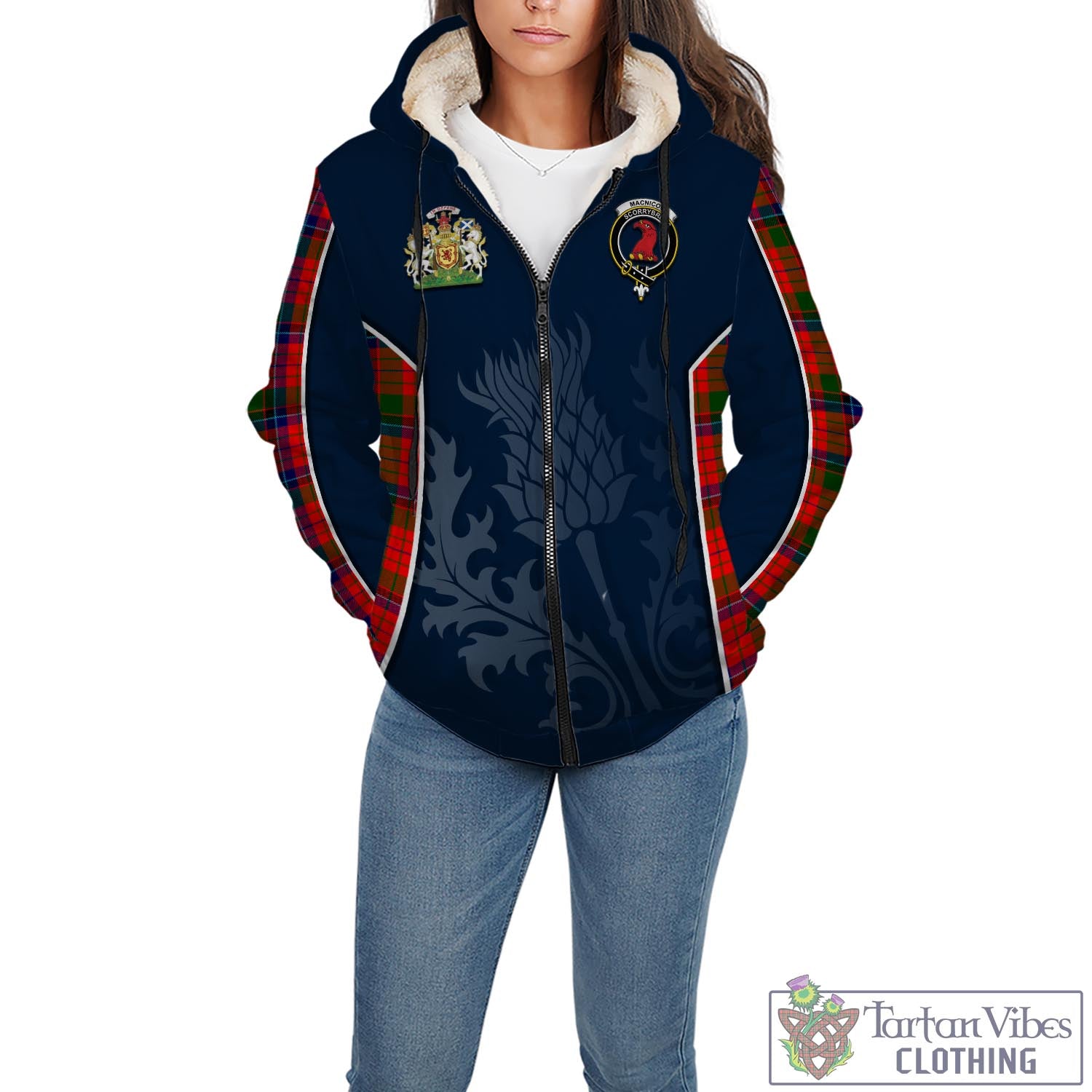 Tartan Vibes Clothing MacNicol of Scorrybreac Tartan Sherpa Hoodie with Family Crest and Scottish Thistle Vibes Sport Style