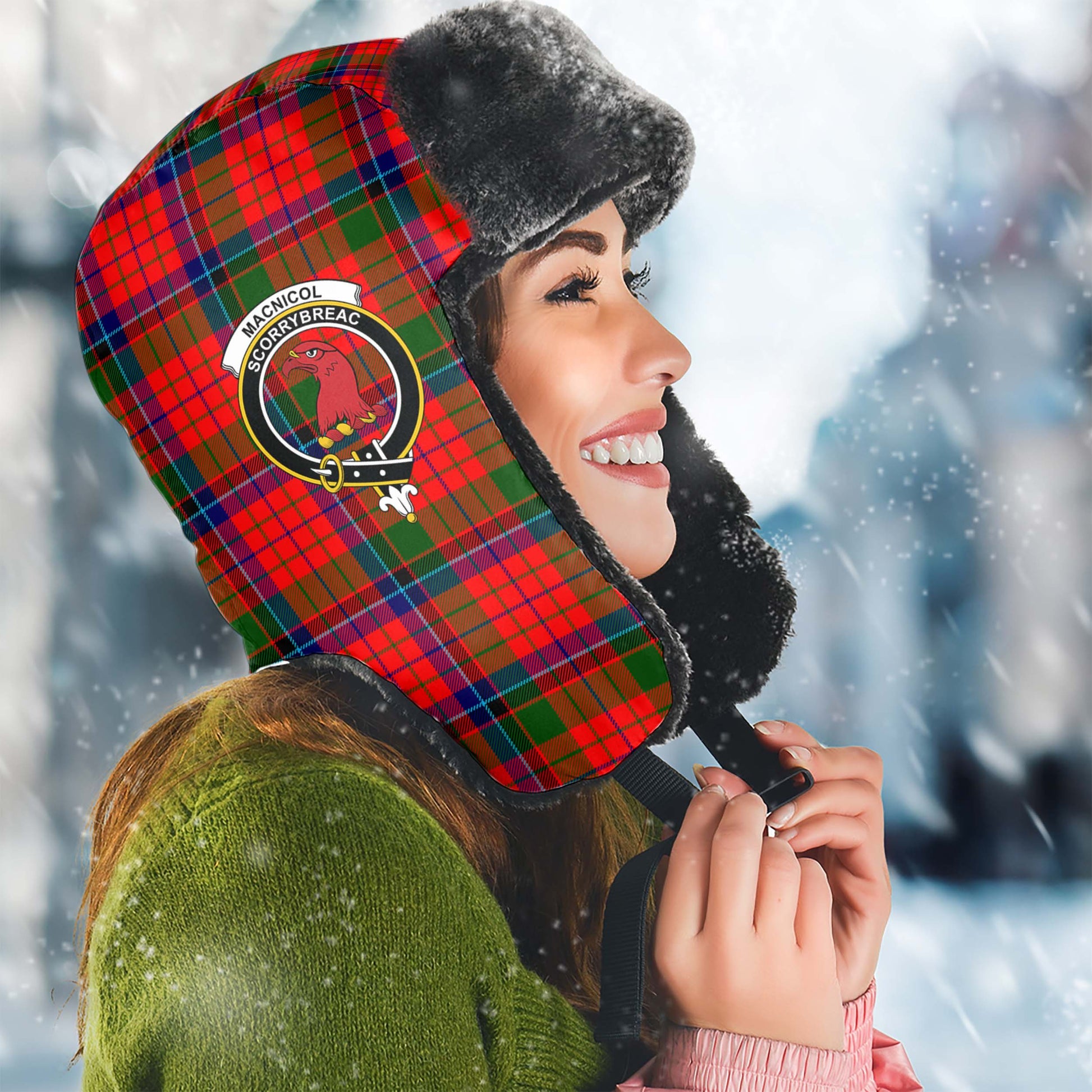 MacNicol of Scorrybreac Tartan Winter Trapper Hat with Family Crest Winter Trapper Hat Universal Fit Circumference 22.8in (58cm) - Tartanvibesclothing