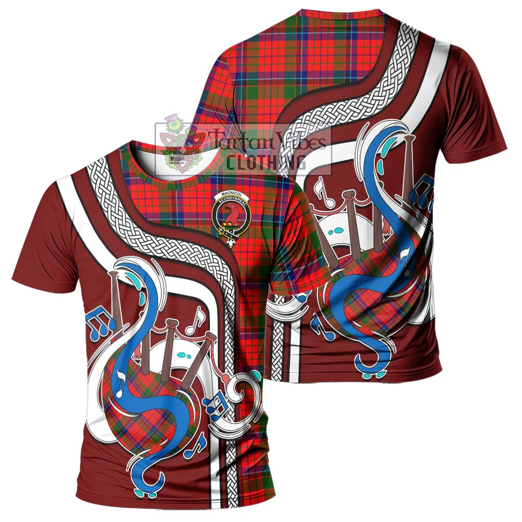 MacNicol of Scorrybreac Tartan T-Shirt with Epic Bagpipe Style - Tartanvibesclothing Shop