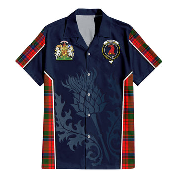 MacNicol of Scorrybreac Tartan Short Sleeve Button Up Shirt with Family Crest and Scottish Thistle Vibes Sport Style