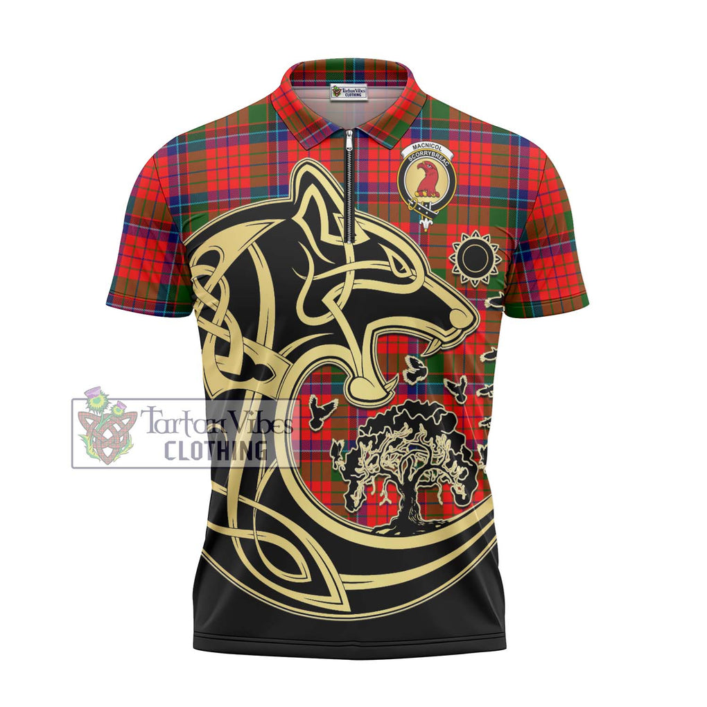 MacNicol of Scorrybreac Tartan Zipper Polo Shirt with Family Crest Celtic Wolf Style - Tartanvibesclothing Shop