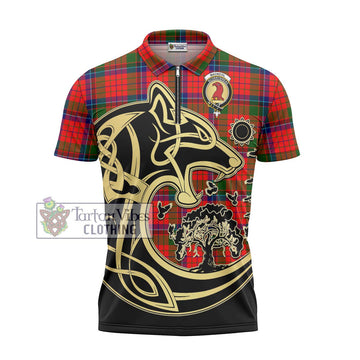 MacNicol of Scorrybreac Tartan Zipper Polo Shirt with Family Crest Celtic Wolf Style