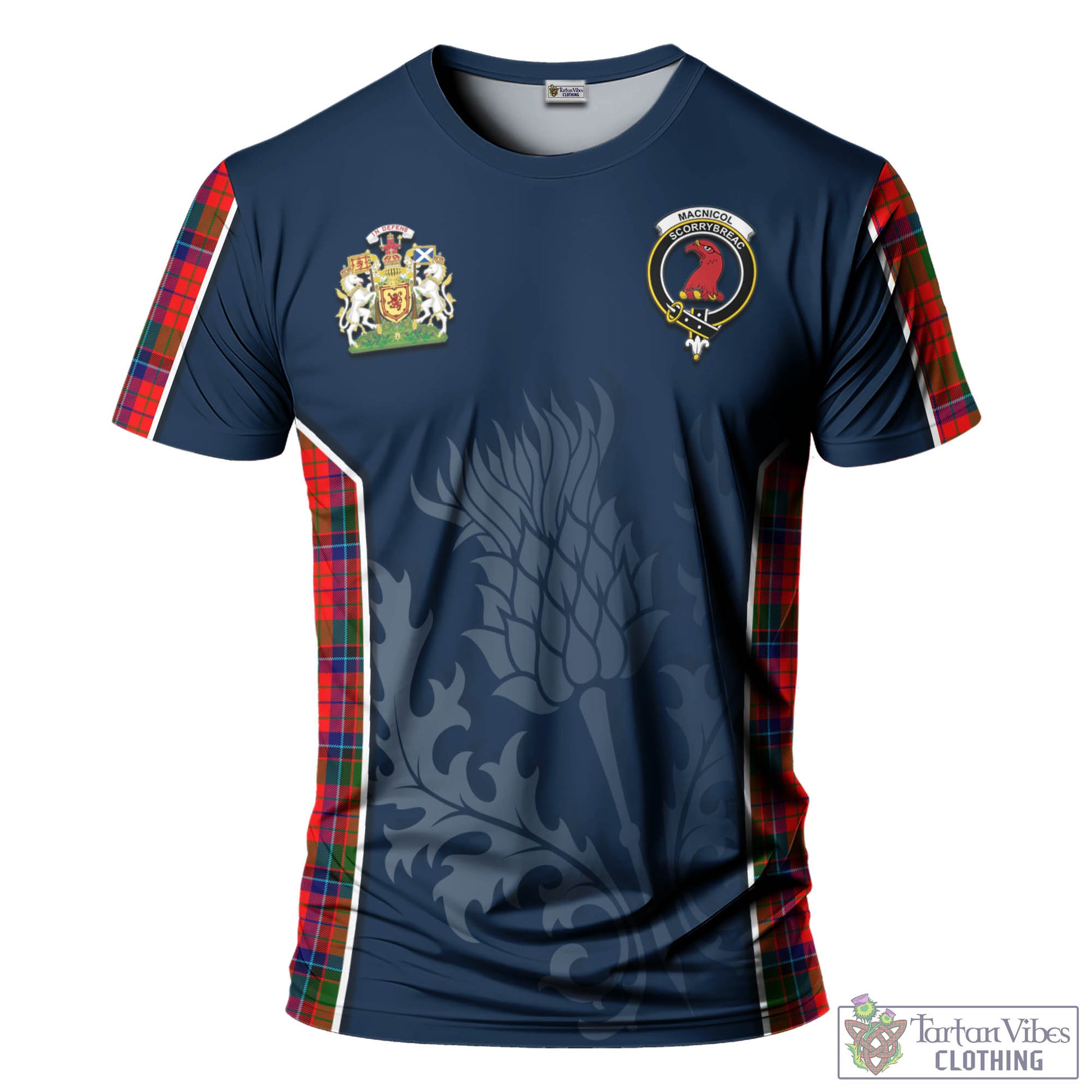 Tartan Vibes Clothing MacNicol of Scorrybreac Tartan T-Shirt with Family Crest and Scottish Thistle Vibes Sport Style